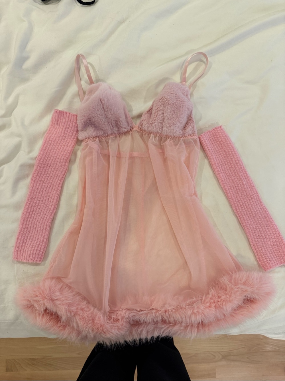 Pink Plush Trim Sheer Babydoll dresss with Arm Warmerso